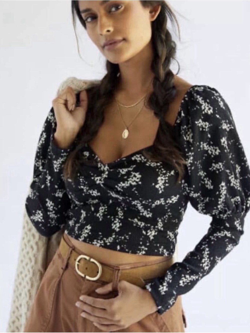 Anthropologie Black Floral Long-Sleeve Sweetheart Crop Top 3x